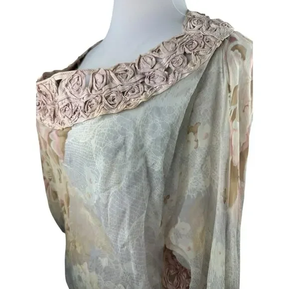 Emamo Silk Floral Sheer Tunic Blouse M Coquette Cottage Romantic Peasant Boho - Picture 14 of 16